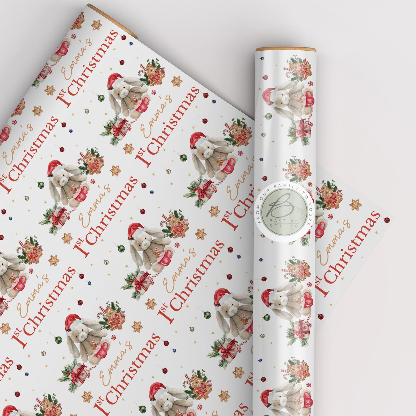 1st Christmas Bunny Gift Wrap - Personalised Childrens Wrapping Paper