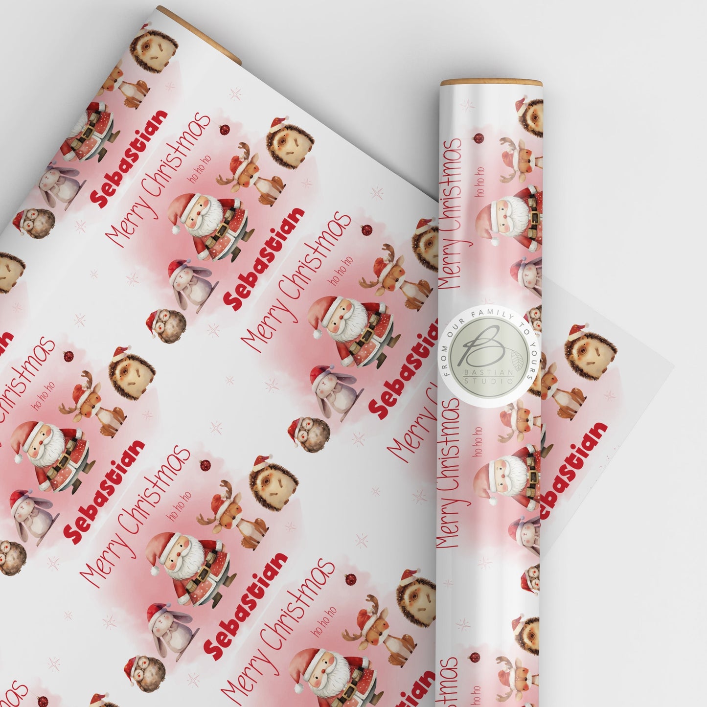 Personalised Children's Father Christmas and friends themed Christmas wrapping paper