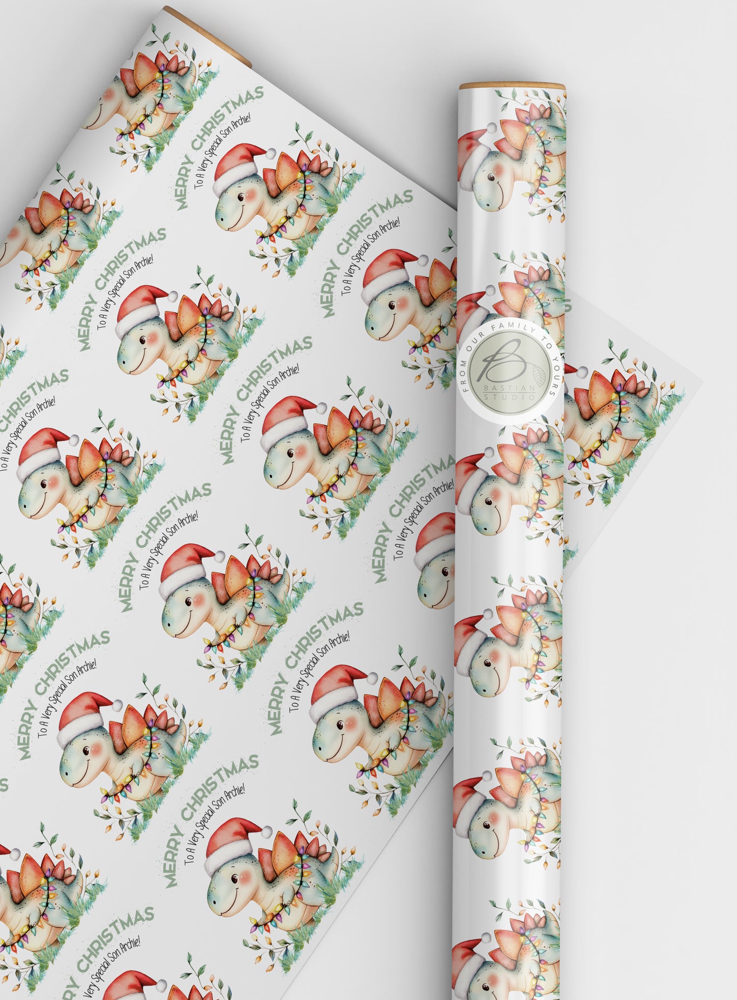 Personalised children's dinosaur themed Christmas wrapping paper