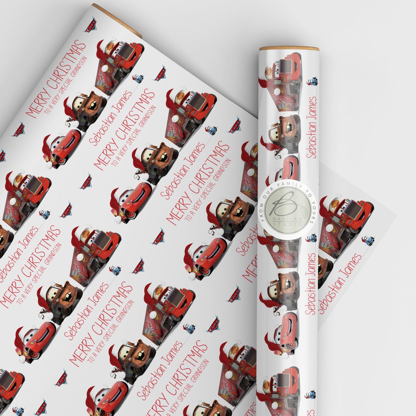 Personalised Childrens Christmas Gift Wrap with Cars Character Design