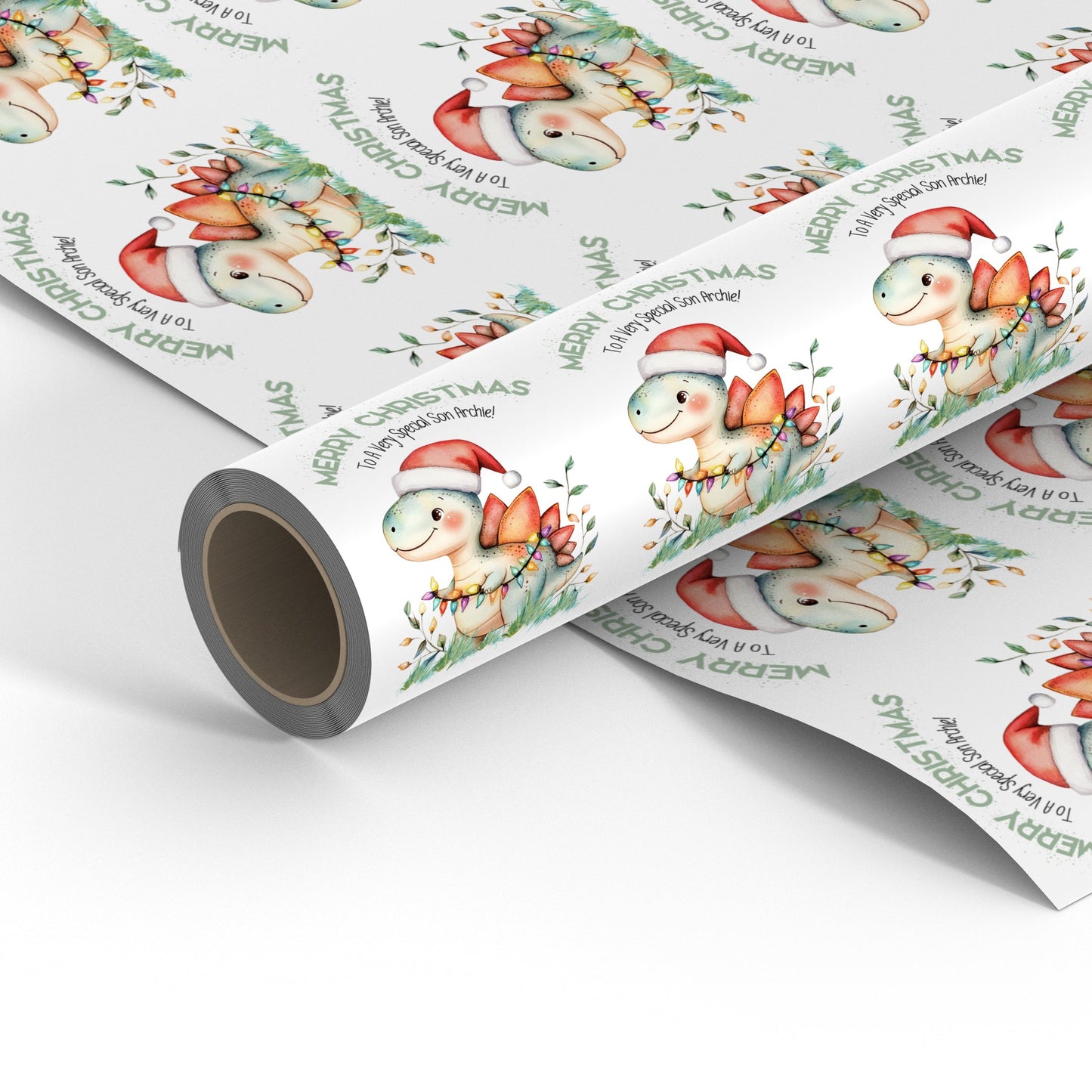 Personalised children's dinosaur themed Christmas wrapping paper