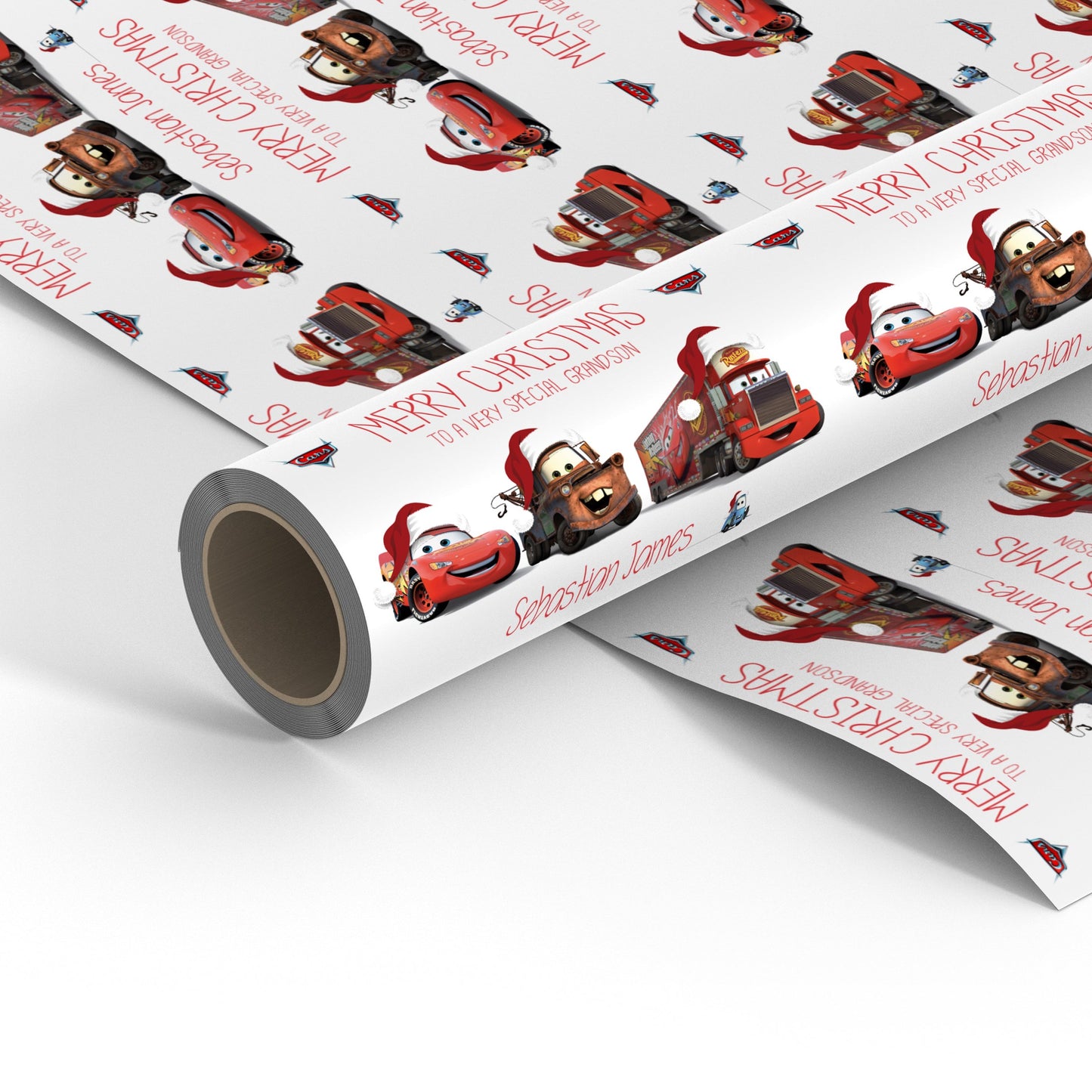 Personalised Childrens Christmas Gift Wrap with Cars Character Design