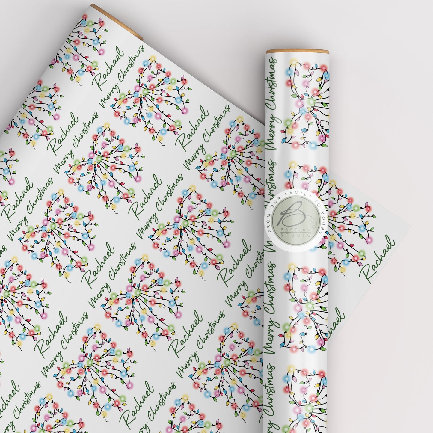 Personalised Christmas Light Bow Christmas Wrapping Paper