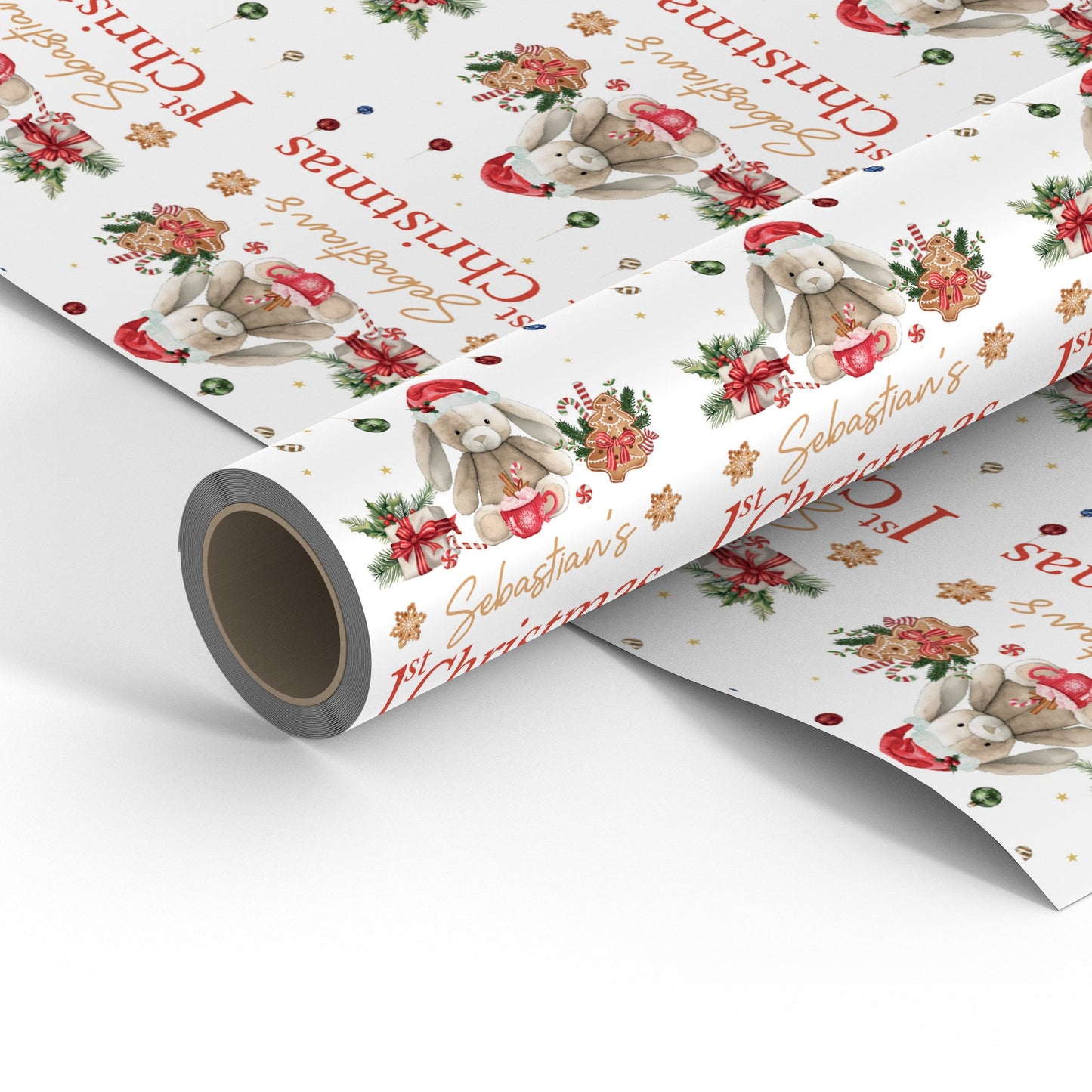 1st Christmas Bunny Gift Wrap - Personalised Childrens Wrapping Paper